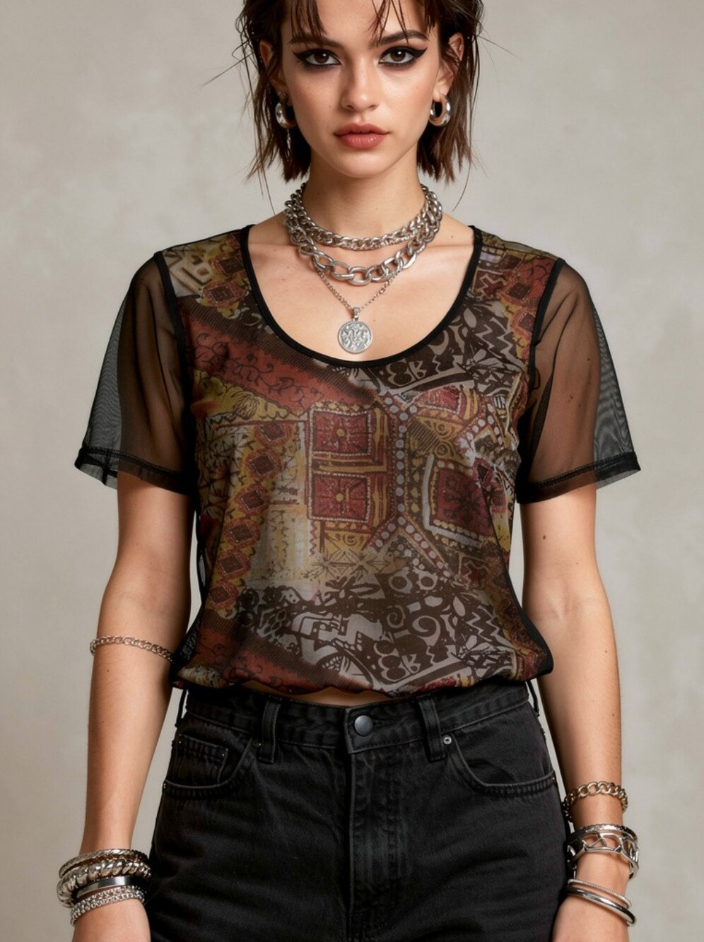 Grunge Y2K Sheer Short-Sleeve Printed Mesh Top - Size Small/Medium